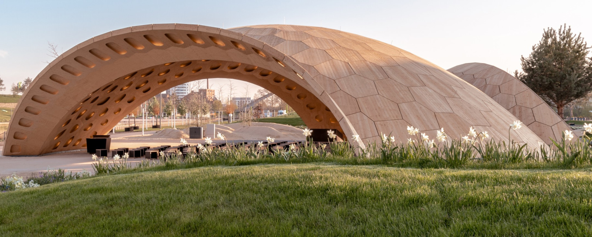 Im Bild: BUGA Holzpavillon 2019. Projektteam: Institut für Computerbasiertes Entwerfen und Baufertigung (ICD) und Institut für Tragkonstruktionen und konstruktives Entwerfen (ITKE) der Univ. Stuttgart, Müllerblaustein Bauwerke GmbH, BEC GmbH, BUGA Heilbronn 2019 GmbH ©ICD/ITKE Univ. Stuttgart