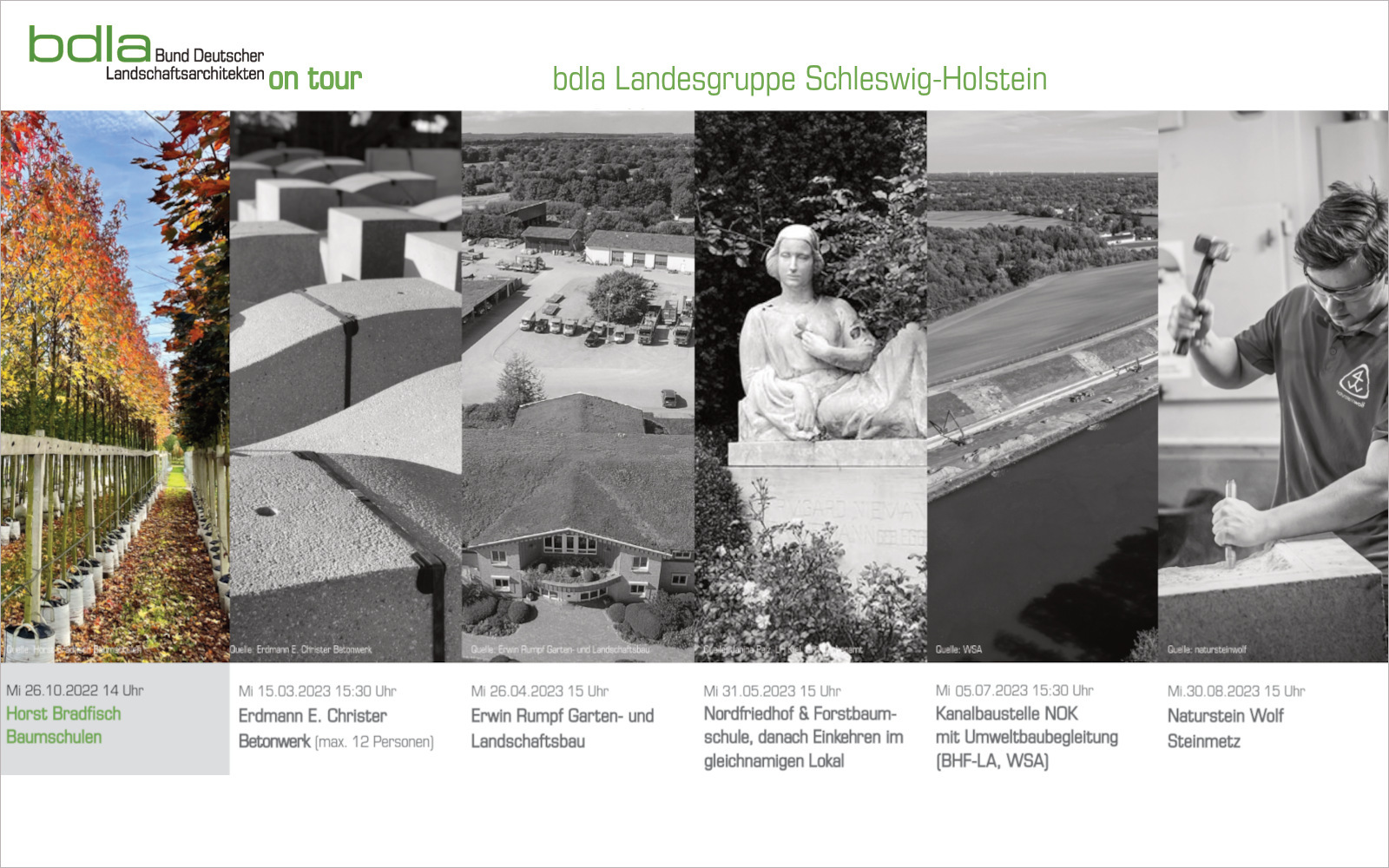 Fotos vlnr.: Horst Bradfisch Baumschulen, Erdmann E. Christer Betonwerk, Erwin Rumpf Garten- und Landschaftsbau, Janina Pelz (LH Kiel, Grünflächenamt), WSA, natursteinwolf