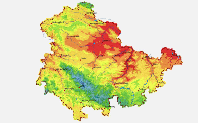 Quelle: TLUBN  Darstellung mittlere Jahreslufttemperatur Thüringen 1991-2020